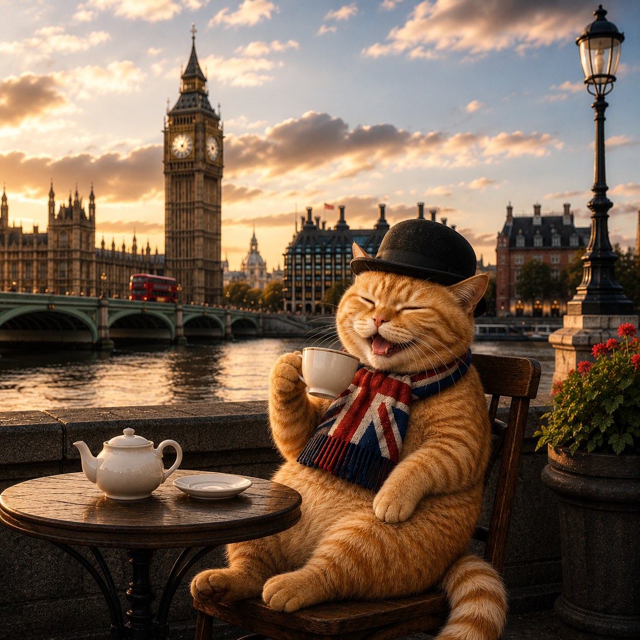 The cat, arrived in London, drinking tea beside the Thames with Big Ben in the background.